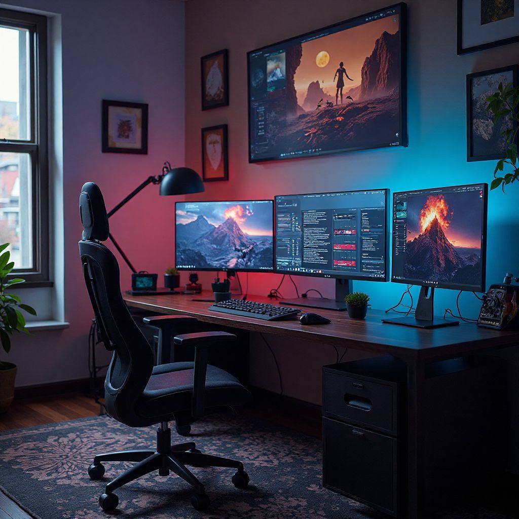 Modern game development studio workspace